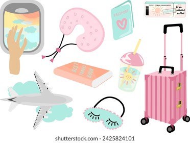 Cute simple travel kit. A suitcase on wheels, a sleep mask, a book, a passport, a glass of water, tickets, a boarding pass, a view from an airplane window, a neck pillow, painted in a pastel palette. 