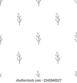 Cute and simple twig with berry on the white background. Floral seamless pattern.