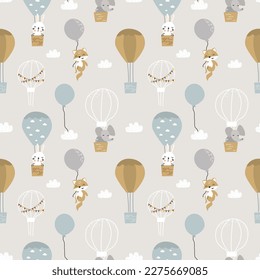 Cute, simple and unique kids seamless pattern. Creative kids texture for fabric, wrapping, textile, wallpaper, apparel etc. Foxes, rabbits and elephants fly with parachute.