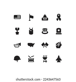 Cute simple US Holidays solid glyph icon set with Memorial day and Veterans day related icons