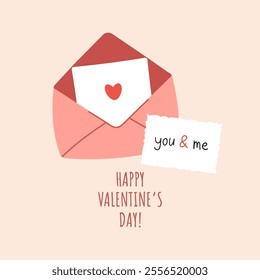 Cute and simple Valentines Day card with envelope and hearts. Flat vector romantic elements with love letter, envelope and hearts. Vector flat illustration in hand drawn style. Simple, minimalistic