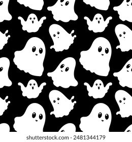 Cute and simple vector black and white seamless pattern with halloween ghosts flat childish style