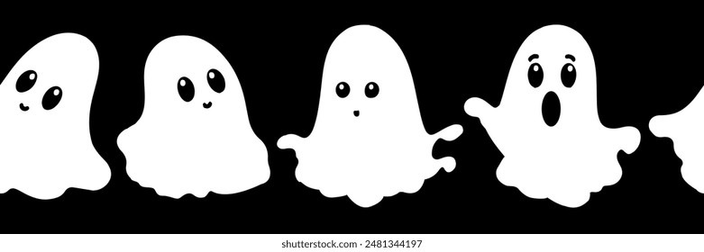 Cute and simple vector black and white border with halloween ghosts flat childish style