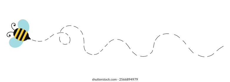 Cute simple vector of cartoon bee and track dashed line, curvy line illustration.