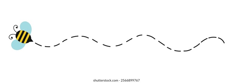 Cute simple vector of cartoon bee and track dashed line, curvy line illustration.