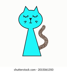 Cute simple vector cartoon character blue  cat with closed eyes and furry black tale without legs and arms ,blue cat sitting and dreaming about something nice