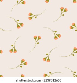 Cute simple vector floral seamless pattern. Abstract background with small scattered  drawn buds that look like berries or seeds. Liberty style wallpapers. Vintage ditsy texture.Green,beige and pink 
