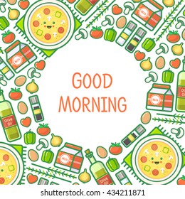 Cute and simple vector frame illustration with omelet, olive oil, eggs, milk, salt, onion, mushrooms, tomato, bell pepper and hearts. Summer tasty recipe for healthy breakfast. Outline icons.