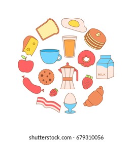 Cute and simple vector frame illustration with omelet, olive oil, eggs, milk, salt, onion, mushrooms, tomato, bell pepper and hearts. Funny summer colorful illustration.