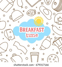Cute and simple vector frame illustration with omelet, olive oil, eggs, milk, salt, onion, mushrooms, tomato, bell pepper and hearts. Funny summer colorful illustration.