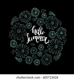 Cute and simple vector "Hello summer" hand written phrase isolated with green flower composition for your design 