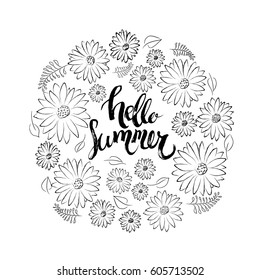 Cute and simple vector "Hello summer" hand written phrase isolated with black and white flower composition for your design 