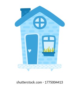 Cute simple vector house, colorful sweet home, cosy vector building, light blue village house, countryside