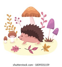 Cute simple vector illustration of a baby hedgehog in a forest with purple, brown and orange mushrooms and pink and yellow leaves in autumn