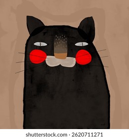 Cute Simple Vector Illustration with Black Cat on a Mocha Mousse Brown Background. Simple Nursery Art for Kids. Print with Funny Kitty ideal for Wall Art, Card, Poster, Kids Room Decoration. RGB.
