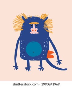 Cute Simple Vector Illustration with Blue Baboon with Red Butt Isolated on a Pastel Pink Background. Simple Nursery Art for Kids. Print with Funny Monkey ideal for Wall Art, Card, Poster, Decoration.