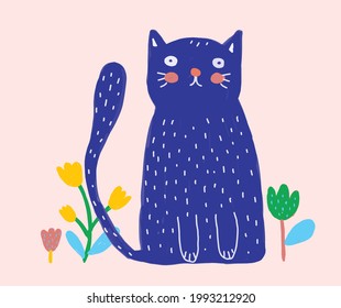 Cute Simple Vector Illustration with Blue Cat Isolated on a Pastel Pink Background. Simple Nursery Art for Kids. Print with Funny Kitty ideal for Wall Art, Card, Poster, Kids Room Decoration. 