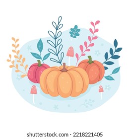 Cute simple vector illustration of colorful pumpkins in a garden with leaves, flowers and mushrooms on a blue and white background