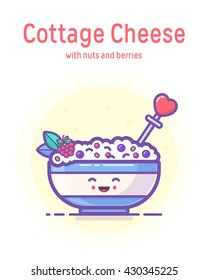 Cute and simple vector illustration with cottage cheese, sour cream, honey, nuts and berries. Summer tasty recipe for healthy breakfast. Outline icon.