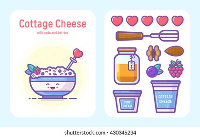 Cute and simple vector illustration with cottage cheese, sour cream, honey, nuts and berries. Summer tasty recipe for healthy breakfast. Outline icons.