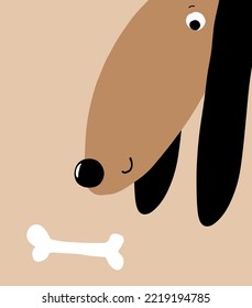 Cute Simple Vector Illustration for Dog Lovers. Head of Brown Dog isolated on a Beige Background. Dachshund with Long Black Ears Smelling the Bone Funny Cartoon Print ideal for Card, Wall Art, Poster.