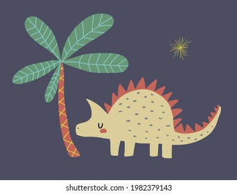  Cute Simple Vector Illustration with Dreamy Dinosaur, Star and Palm Isolated on a Dark Blue Background. Simple Nursery Art for Kids. Print with Funny Dino ideal for Wall Art, Card, Poster, Decoration