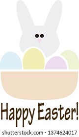 Cute and simple vector illustration of the easter bunny behind a basket with painted eggs over a sign that says Happy Easter!