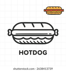 A cute and simple vector illustration of a hotdog in two versions: a black-and-white line art perfect for children's coloring pages, and a small colored reference version. Ideal for educational materi