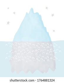 Cute Simple Vector Illustration with Little Iceberg Mountain and Starry Sky. Abstract Infantile Style ice Mountain Isolated on a White Background. Kids Room Decoration.