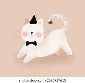 Cute Simple Vector Illustration with Little White Cat on a Light Coral Brown Background. Simple Nursery Art for Kids. Print with Funny Kitty ideal for Wall Art, Card, Poster, Kids Room Decoration.RGB.