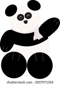 Cute and simple vector illustration of a panda bear sitting with one arm up, like waving, and wearing a pink scarf with polka dots.