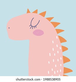 Cute Simple Vector Illustration with Pink Dreamy Dinosaur Isolated on a Pastel Blue Background. Simple Nursery Art for Kids. Print with Funny Dino ideal for Wall Art, Card, Poster, Decoration.