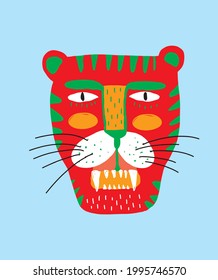 Cute Simple Vector Illustration with Red Tiger Isolated on a Pastel Blue Background. Simple Nursery Art for Kids. Print with Funny Wild Cat ideal for Wall Art, Card, Poster, Safari Party Decoration. 