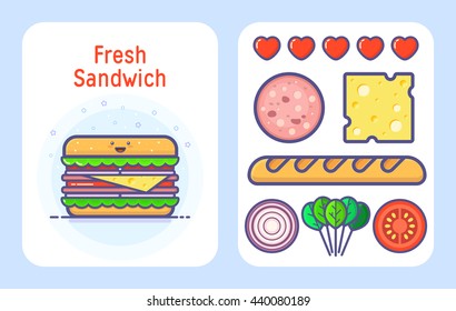 Cute and simple vector illustration with sandwich, sausage, cheese, bread, tomato, onion, spinach and hearts. Summer tasty recipe for healthy breakfast. Outline icons.