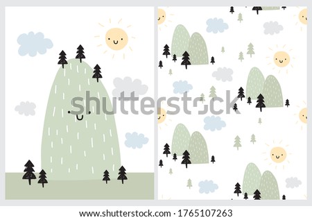 Cute Simple Vector Illustration and Seamless Pattern with Green Moutain, Smiling Sun and Cloudy Sky. Abstract Infantile Style Mountain and Hand Drawn Trees on a White Background. Kids Room Decoration.