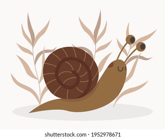 Cute simple vector illustration of snail in a forest, yellow grass, leaves in autumn