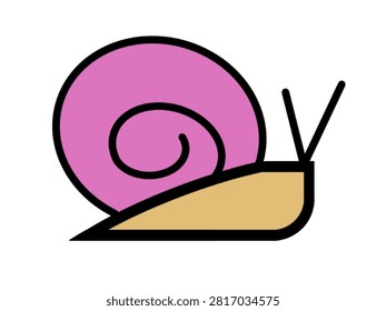 A cute and simple vector illustration of a stylized snail featuring a round pink shell, a light yellow body, and a thick bold outline