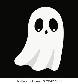 A cute and simple vector illustration of a white ghost with large eyes on a black background, conveying a playful and friendly mood.