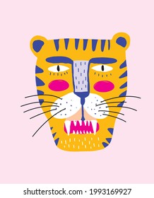 Cute Simple Vector Illustration with Yellow Tiger Isolated on a Pastel Pink Background. Simple Nursery Art for Kids. Print with Funny Wild Cat for Wall Art, Card, Poster, Safari Party Decoration. 
