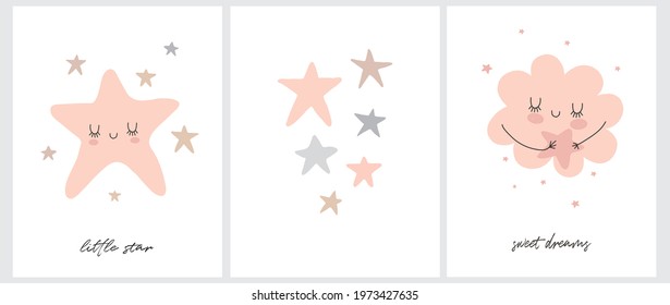 Cute Simple Vector Illustrations with Pink Fluffy Smiling Clouds and Stars on a White Background. Simple Nursery Art for Baby Girl. Lovely Print with Clouds and Stars ideal for Wall Art, Card, Poster.