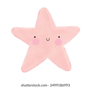 Cute Simple Vector Illustrations with Pink Smiling Star. Happy Star on a White Background. Simple Nursery Art for Baby Girl. Lovely Print with Kawaii Style Star ideal for Wall Art, Card, Poster.