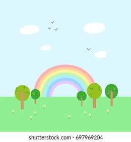 Cute and simple vector Landscape with Rainbow, Trees, Birds and Flowers. 
