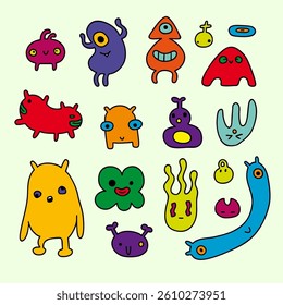 Cute simple vector monsters. Colorful creatures for children's journal, book, greeting card. 