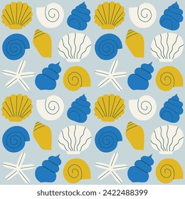 Cute and simple vector pattern with different Sea Shells in a row. Hand drawn seamless texture with exotic ocean shells. Beautiful marine background