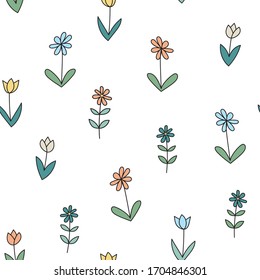 Cute simple vector repeat pattern with colorful flowers on white background.
