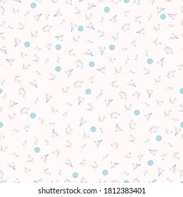 Cute simple vector rustic pattern with blue flowers and polka dots