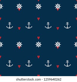 Cute simple vector seamless pattern with little red hearts and white anchors and wheels on navy blue background.