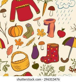 Cute simple vector seamless pattern Autumn attributes. Leaves, pullover, umbrella, rubber boots, socks, knit scarf, mushrooms, vegetables and bright colorful hand drawn objects on beige background.