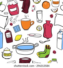 Cute simple vector seamless pattern Get well soon. Raspberry jam jar, socks, scarf, hot tea, lemon, medicines, milk, honey pot, fruits and other colorful freehand drawn objects. Cure of flu and colds.
