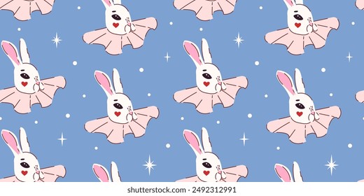 Cute simple vintage seamless pattern with a white bunny in a collar and stars on a blue background. Vector illustration.